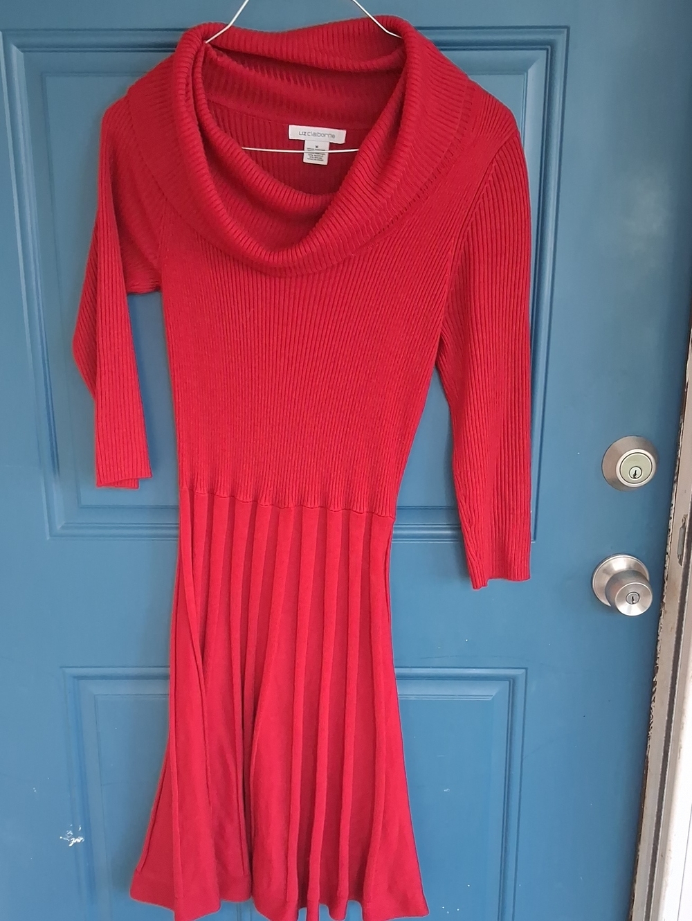 Liz Claiborne Bright Red Ribbed Cowl-Neck Sweater Dress